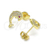 Arete Dormilona 02.156.0612 Oro Laminado, Diseño de Delfín, con Blanca Micro Pave and Rubi Zirconia Cubica, Pulido, Tono Dorado