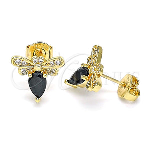 Arete Dormilona 02.156.0613.2 Oro Laminado, Diseño de Abeja, con Negro Zirconia Cubica and Blanca Micro Pave, Pulido, Tono Dorado