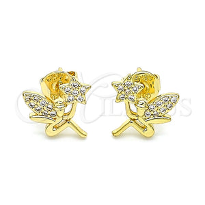 Arete Dormilona 02.156.0615 Oro Laminado, Diseño de Angel y Estrella, con Blanca Micro Pave, Pulido, Tono Dorado