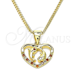 Collares con Dije 04.156.0428.1.20 Oro Laminado, Diseño de Corazón y Delfín, con Granate and Blanca Micro Pave, Pulido, Tono Dorado (02 MM Thickness, 20 Inches Length)