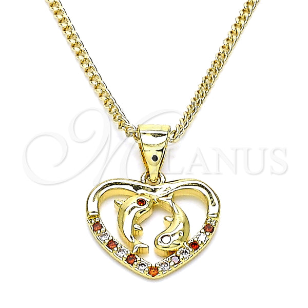 Collares con Dije 04.156.0428.1.20 Oro Laminado, Diseño de Corazón y Delfín, con Granate and Blanca Micro Pave, Pulido, Tono Dorado (02 MM Thickness, 20 Inches Length)