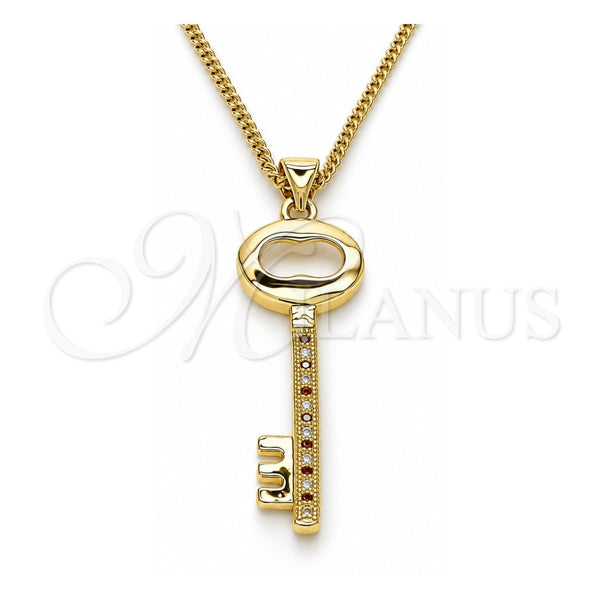 Collares con Dije 04.156.0429.1.20 Oro Laminado, Diseño de Llave, con Micro Pave Granate y Blanca, Pulido, Tono Dorado (Grosor 02 MM, 20 Pulgadas de Largo)