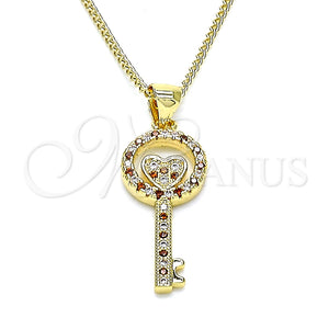 Collares con Dije 04.156.0430.1.20 Oro Laminado, Diseño de Llave y Corazón, con Granate and Blanca Micro Pave, Pulido, Tono Dorado (02 MM Thickness, 20 Inches Length)