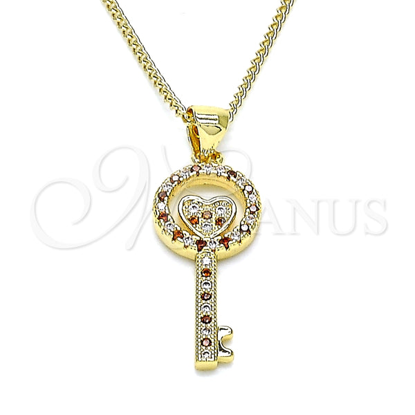 Collares con Dije 04.156.0430.1.20 Oro Laminado, Diseño de Llave y Corazón, con Granate and Blanca Micro Pave, Pulido, Tono Dorado (02 MM Thickness, 20 Inches Length)