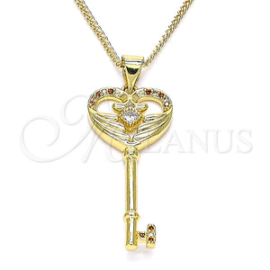 Collares con Dije 04.156.0431.1.20 Oro Laminado, Diseño de Llave, con Granate and Blanca Micro Pave, Pulido, Tono Dorado (02 MM Thickness, 20 Inches Length)