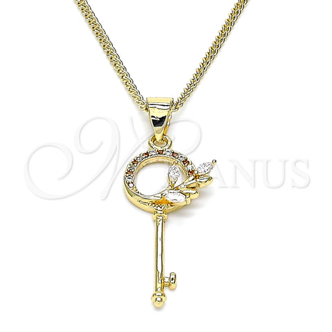 Collares con Dije 04.156.0433.1.20 Oro Laminado, Diseño de Llave y Oja, con Granate and Blanca Micro Pave, Pulido, Tono Dorado (02 MM Thickness, 20 Inches Length)