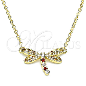 Collares con Dije 04.156.0441.1.18 Oro Laminado, Diseño de Libélula, con Granate and Blanca Micro Pave, Pulido, Tono Dorado (02 MM Thickness, 18 Inches Length)