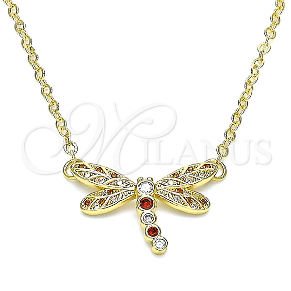 Collares con Dije 04.156.0441.1.18 Oro Laminado, Diseño de Libélula, con Granate and Blanca Micro Pave, Pulido, Tono Dorado (02 MM Thickness, 18 Inches Length)