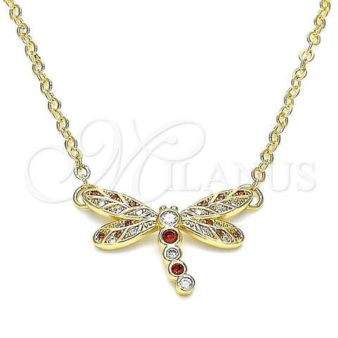 Collares con Dije 04.156.0441.1.18 Oro Laminado, Diseño de Libélula, con Granate and Blanca Micro Pave, Pulido, Tono Dorado (02 MM Thickness, 18 Inches Length)
