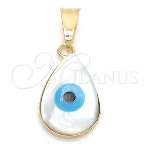 Dije Elegante 05.32.0084 Oro Laminado, Diseño de Ojo Griego y Gota, con Marfil Madre Perla, Pulido Azul claro, Tono Dorado