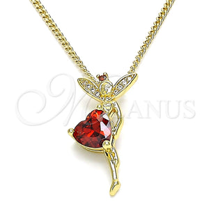 Collares con Dije 04.156.0457.2.20 Oro Laminado, Diseño de Angel y Corazón, con Granate Zirconia Cubica and Blanca Micro Pave, Pulido, Tono Dorado (02 MM Thickness, 20 Inches Length)