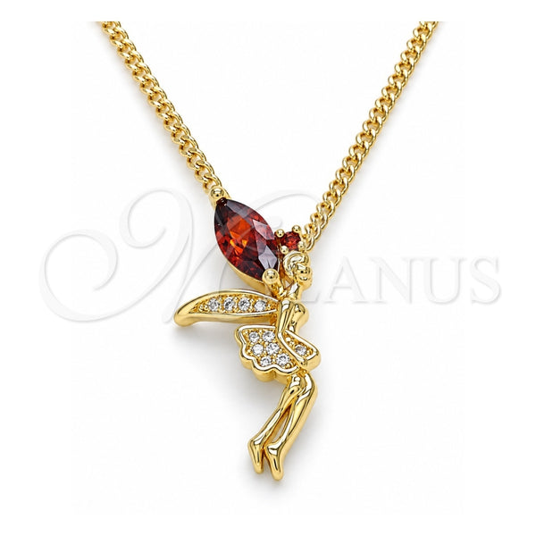 Collares con Dije 04.156.0459.2.20 Oro Laminado, Diseño de Angel, con Zirconia Cubica Granate y Micro Pave Blanca, Pulido, Tono Dorado (Grosor 02 MM, 20 Pulgadas de Largo)