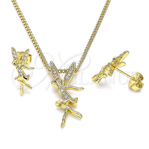 Juego de Arete y Dije de Adulto 10.156.0407 Oro Laminado, Diseño de Angel, con Blanca Micro Pave, Pulido, Tono Dorado