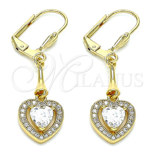 Arete Largo 02.387.0043.1 Oro Laminado, Diseño de Corazón, con Blanca Zirconia Cubica, Pulido, Tono Dorado