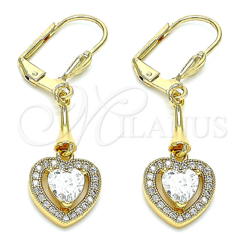 Arete Largo 02.387.0043.1 Oro Laminado, Diseño de Corazón, con Blanca Zirconia Cubica, Pulido, Tono Dorado