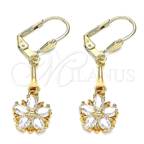 Arete Largo 02.387.0051.1 Oro Laminado, Diseño de Flor y Estrella, con Blanca Zirconia Cubica, Pulido, Tono Dorado