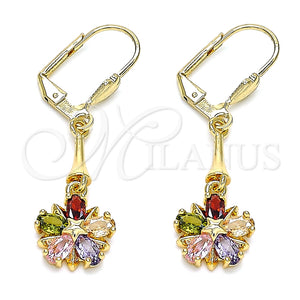 Arete Largo 02.387.0051.2 Oro Laminado, Diseño de Flor y Estrella, con Multicolor Zirconia Cubica, Pulido, Tono Dorado