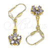 Arete Largo 02.387.0051.3 Oro Laminado, Diseño de Flor y Estrella, con Amatista Zirconia Cubica, Pulido, Tono Dorado