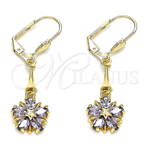Arete Largo 02.387.0051.3 Oro Laminado, Diseño de Flor y Estrella, con Amatista Zirconia Cubica, Pulido, Tono Dorado