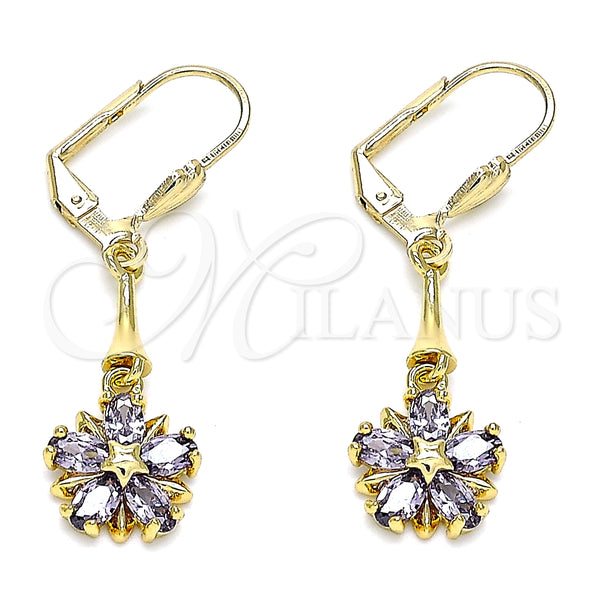 Arete Largo 02.387.0051.3 Oro Laminado, Diseño de Flor y Estrella, con Amatista Zirconia Cubica, Pulido, Tono Dorado