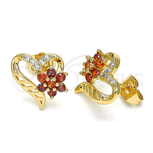 Arete Dormilona 02.387.0072 Oro Laminado, Diseño de Corazón y Flor, con Granate and Blanca Zirconia Cubica, Pulido, Tono Dorado