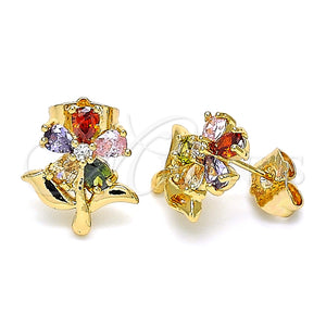 Arete Dormilona 02.387.0077 Oro Laminado, Diseño de Flor, con Multicolor Zirconia Cubica, Pulido, Tono Dorado