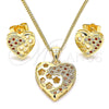 Juego de Arete y Dije de Adulto 10.156.0066.2 Oro Laminado, Diseño de Corazón y Flor, con Granate and Blanca Micro Pave, Pulido, Tono Dorado