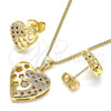 Juego de Arete y Dije de Adulto 10.156.0066.2 Oro Laminado, Diseño de Corazón y Flor, con Granate and Blanca Micro Pave, Pulido, Tono Dorado