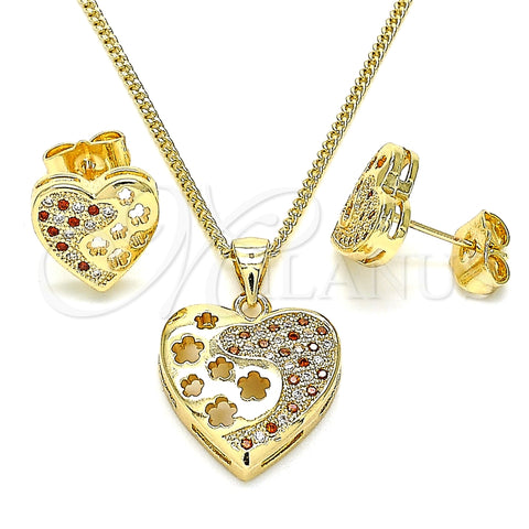 Juego de Arete y Dije de Adulto 10.156.0066.2 Oro Laminado, Diseño de Corazón y Flor, con Granate and Blanca Micro Pave, Pulido, Tono Dorado