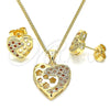 Juego de Arete y Dije de Adulto 10.156.0066.2 Oro Laminado, Diseño de Corazón y Flor, con Granate and Blanca Micro Pave, Pulido, Tono Dorado