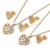 Juego de Arete y Dije de Adulto 10.156.0066.2 Oro Laminado, Diseño de Corazón y Flor, con Granate and Blanca Micro Pave, Pulido, Tono Dorado