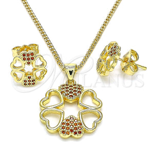 Juego de Arete y Dije de Adulto 10.156.0204.2 Oro Laminado, Diseño de Corazón, con Granate Micro Pave, Pulido, Tono Dorado
