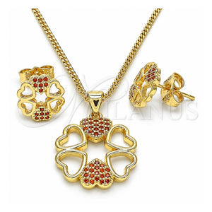 Juego de Arete y Dije de Adulto 10.156.0204.2 Oro Laminado, Diseño de Corazón, con Granate Micro Pave, Pulido, Tono Dorado