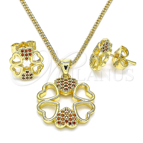 Juego de Arete y Dije de Adulto 10.156.0204.2 Oro Laminado, Diseño de Corazón, con Granate Micro Pave, Pulido, Tono Dorado