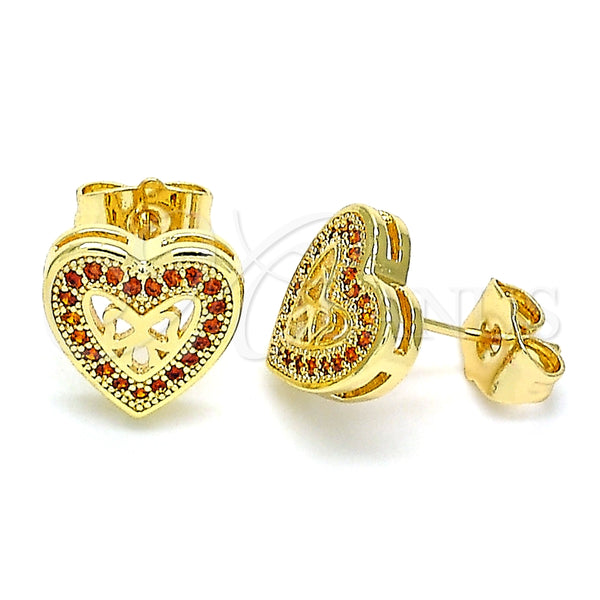 Arete Dormilona 02.156.0298.1 Oro Laminado, Diseño de Corazón y Arco, con Granate Micro Pave, Pulido, Tono Dorado