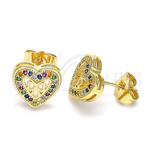 Arete Dormilona 02.156.0298.2 Oro Laminado, Diseño de Corazón y Arco, con Multicolor Micro Pave, Pulido, Tono Dorado