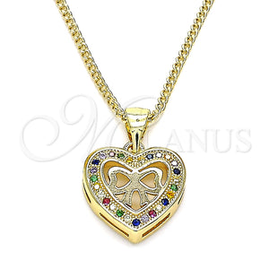 Collares con Dije 04.156.0462.2.20 Oro Laminado, Diseño de Corazón y Arco, con Multicolor Micro Pave, Pulido, Tono Dorado (02 MM Thickness, 20 Inches Length)