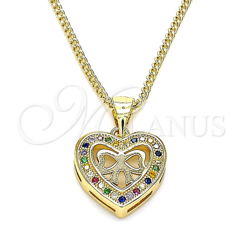 Collares con Dije 04.156.0462.2.20 Oro Laminado, Diseño de Corazón y Arco, con Multicolor Micro Pave, Pulido, Tono Dorado (02 MM Thickness, 20 Inches Length)