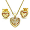 Juego de Arete y Dije de Adulto 10.156.0408.1 Oro Laminado, Diseño de Corazón y Arco, con Granate Micro Pave, Pulido, Tono Dorado