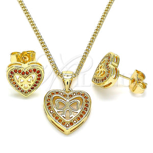 Juego de Arete y Dije de Adulto 10.156.0408.1 Oro Laminado, Diseño de Corazón y Arco, con Granate Micro Pave, Pulido, Tono Dorado