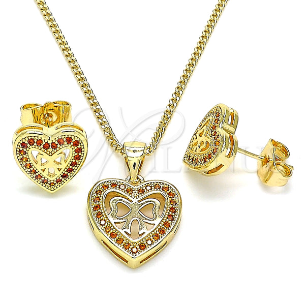 Juego de Arete y Dije de Adulto 10.156.0408.1 Oro Laminado, Diseño de Corazón y Arco, con Granate Micro Pave, Pulido, Tono Dorado