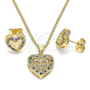 Juego de Arete y Dije de Adulto 10.156.0408.2 Oro Laminado, Diseño de Corazón y Arco, con Multicolor Micro Pave, Pulido, Tono Dorado