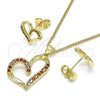 Juego de Arete y Dije de Adulto 10.156.0409.1 Oro Laminado, Diseño de Corazón, con Granate Micro Pave, Pulido, Tono Dorado