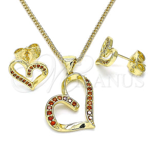Juego de Arete y Dije de Adulto 10.156.0409.1 Oro Laminado, Diseño de Corazón, con Granate Micro Pave, Pulido, Tono Dorado