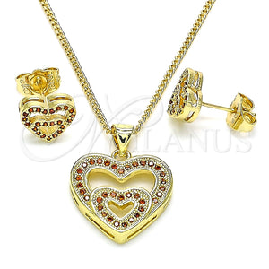 Juego de Arete y Dije de Adulto 10.156.0410.1 Oro Laminado, Diseño de Corazón, con Granate Micro Pave, Pulido, Tono Dorado