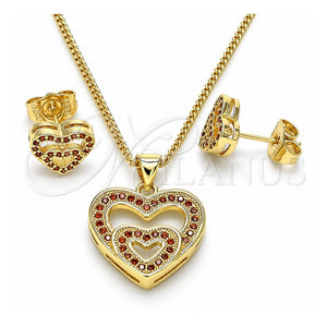 Juego de Arete y Dije de Adulto 10.156.0410.1 Oro Laminado, Diseño de Corazón, con Granate Micro Pave, Pulido, Tono Dorado