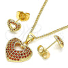 Juego de Arete y Dije de Adulto 10.156.0411.1 Oro Laminado, Diseño de Corazón, con Granate Micro Pave, Pulido, Tono Dorado