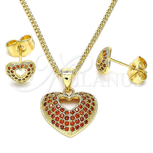 Juego de Arete y Dije de Adulto 10.156.0411.1 Oro Laminado, Diseño de Corazón, con Granate Micro Pave, Pulido, Tono Dorado