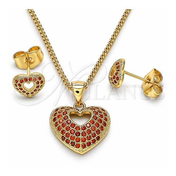 Juego de Arete y Dije de Adulto 10.156.0411.1 Oro Laminado, Diseño de Corazón, con Granate Micro Pave, Pulido, Tono Dorado