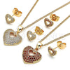 Juego de Arete y Dije de Adulto 10.156.0411.1 Oro Laminado, Diseño de Corazón, con Granate Micro Pave, Pulido, Tono Dorado
